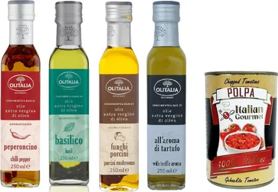 Produktbild von Olitalia Testpaket Dressing auf Basis von nativem Olivenöl extra Chilischote, Basilikum, Steinpilze, Trüffel 4x250ml+ Italian Gourmet polpa 400g