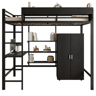 Produktbild von Hochbett mit Schreibtisch, Kleiderschrank und Regal, 90x200 cm, Metallbett mit Rausfallschutz, Jugendbett
