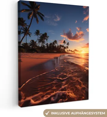Produktbild von MuchoWow® - Leinwandbilder - Sonnenuntergang - Meer - Horizont - Strand - Palmen, Wandbild, Wanddeko Bilder Wohnzimmer, 60x80 cm
