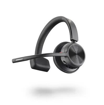 A black headset with a microphone boom is shown against a white background.
