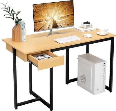 Obrázok produktu pre COSTWAY Stôl so zásuvkou, počítačový stôl 120x55x75cm malý, kancelársky stôl PC stôl pracovný stôl kovový rám príroda