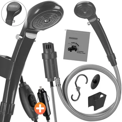 Produktbild von MONZANA® Campingdusche 12V KFZ-Adapter Aufbewahrungstasche 2m Schlauch 5m Stromkabel Handbrause Hundedusche Gartendusche Dusche Tauchpumpe anthrazit