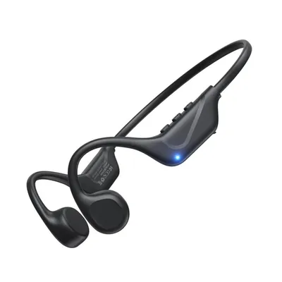 A pair of black bone conduction headphones against a white background.