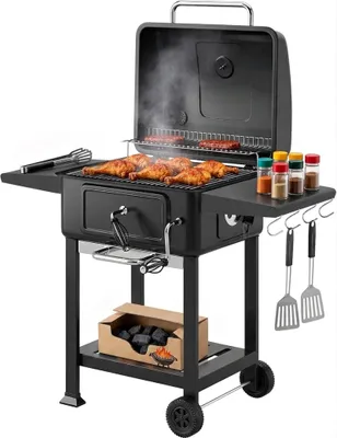 Produktbild von Holzkohlegrill BBQ Smoker mit Deckel, Kohlepfanne und höhenverstellbarem Rost