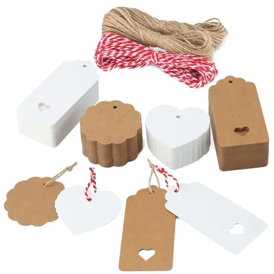 Geschenkanhänger Herz, 200 Stück, 3 Formen, mit Juteband