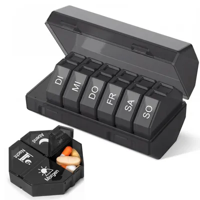 Productafbeelding van Tablettenhouder voor 7 dagen, met 4 vakken per dag, extra groot, BPA-vrij. Bevat 7 uitneembare dagelijkse tablettenboxen. Kleur: zwart