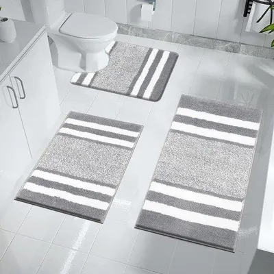 Obrázek produktu pro Sada tří rohoží Unyqoos® – měkká, mikrovlákno (15 mm), savá a protiskluzová (TPR), světle šedá, rozměry 45×65 / 50×80 / U 50×60 cm, vhodné do koupelny a na toaletu