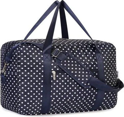 Zdjęcie produktu dla Unyqoos® Składana torba podróżna, 40 x 20 x 25 cm – bagaż podręczny z wyściełanym paskiem na ramię, wewnętrzna kieszeń zapinana na zamek oraz 2 kieszenie z siatki, kolor: niebieski w kropki