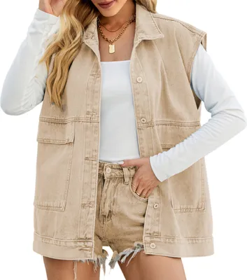 Produktbild von ASKSA Damen Jeansweste aermellos Laessige Locker Elegante Jeansjacke Jacke Mantel mit Taschen, A Khaki, L
