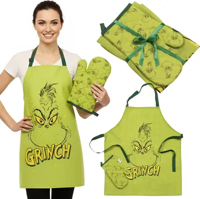 Obrázok produktu pre Grinch 2v1 Vianočná kuchynská sada: nastaviteľná zástera + rukavica do rúry, zelená darčeková sada