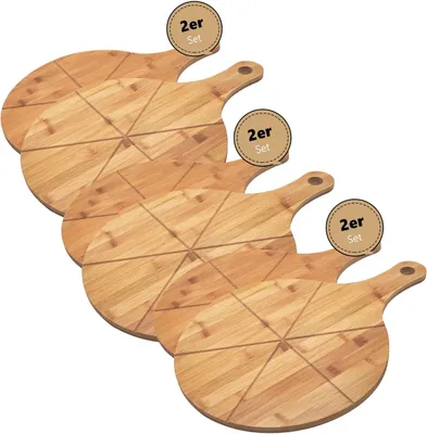 Produktbild von Hausleben 6er Set Pizzabretter rund mit Griff aus Bambus, 45x33x1,2 cm – Perfekt für Pizzaabende, Gastronomie & stilvolles Servieren