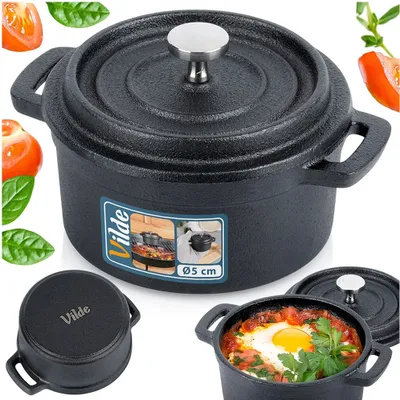 A collage of a black cast iron pot with a lid, showing it from different angles and with some ingredients like tomatoes and basil.