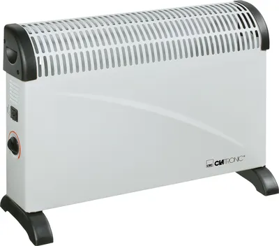 A white Clatronic electric heater with black accents and feet, shown on a white background.