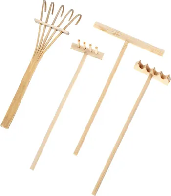 Productafbeelding van Mini Zen Tuin Rake - Zand Schep Set - Decoratie Creëren - Vier Verschillende Vormen - 14 cm Lengte - Houtkleur