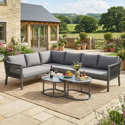 Produktbild von Garten-Essgruppe für 6 Personen – Eckstellung mit Sofa & 2 Couchtischen, verzinktes Eisen, Glastischplatte, handgeflochtenes Seil, Terrassenmöbel-Set, Grau