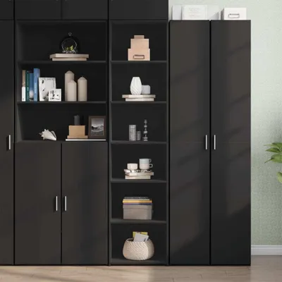 A black highboard with shelves filled with decorative items and books.