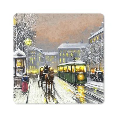 Produktbild von MuchoWow® Mauspad Mousepad Gemälde - Ölgemälde - Winter - Straßenbahn - Pferd 20x20 cm - Mousepads - Maus Mat - Pad - Mausunterlage - Desk Mat - Bureauartikeln