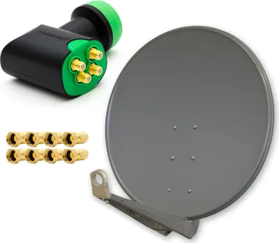 Produktbild von PremiumX DELUXE SAT Anlage für 4 Empfänger 100cm Satellitenantenne ALU Anthrazit mit Green Diamond Quad LNB inkl. 8x F-Stecker