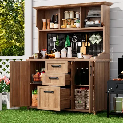 Produktbild von Merax Gartenschrank aus Tannenholz, Standschrank mit 3 Schubladen, 3 Fächern, Buffetschrank mit verstellbaren Regalböden, für Terrasse & Balkon, Natur