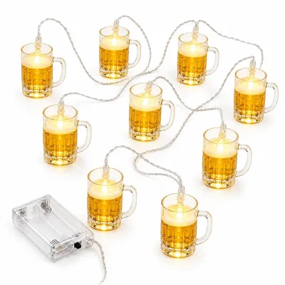 Produktbild von Bierglas Lichterkette LED 1,5m, 10 warmweiße Bierglas Lichter, batteriebetriebene Party Deko für , Bar, Biergarten & Geburtstag