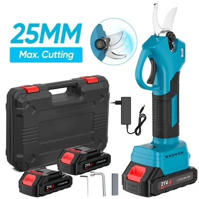 Image de Sécateur électrique - Sécateur à batterie - 800 W - Moteur sans balais - Sans fil - Diamètre de coupe de 25 mm - Écran numérique - 2 batteries