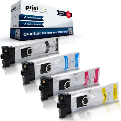 A set of four ink cartridges, each in its own packaging, arranged diagonally on a white reflective surface. A box with product information is visible in the background.