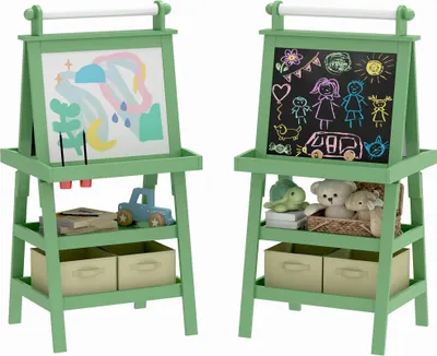 Image de Chevalet pour enfants - Chevalet 3 en 1 double face pour dessiner et peindre - Tableau blanc & craie - Rouleau de papier - Corbeilles de rangement - 59×48×118 cm - MDF - Vert