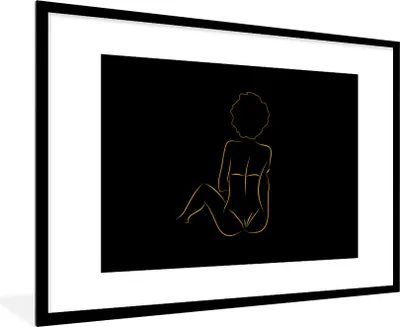 Produktbild von MuchoWow® Gerahmtes Poster Frau - Schwarz - Gold - Strichzeichnung 90x60 cm - Poster mit Schwarzem Bilderrahmen Wandposter Rahmen Foto Bilder - Wanddekoration - Fotos
