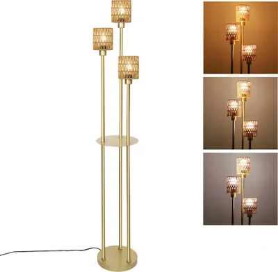 Produktbild von 180cm Rattan Stehlampe Boho Vintage Stehleuchte mit 3 Farbtemperaturen E27 Glühbirne und Fußschalter für Schlafzimmer Wohnzimmer Büro, Gold