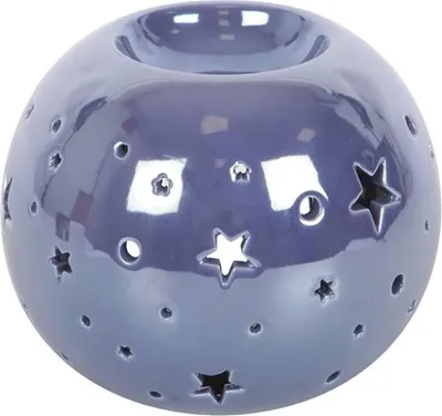 A violet-colored ceramic oil burner with star-shaped cutouts.