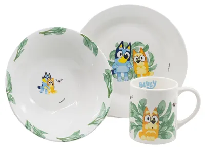 Image de Stor Bluey Set de snacks en céramique pour enfants 3 pièces - Assiette, bol & gobelet en set cadeau - Lavable au lave-vaisselle & au micro-ondes