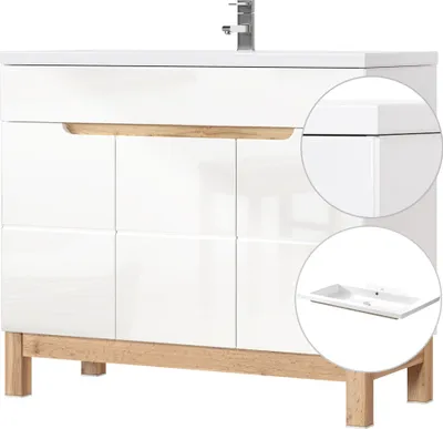 A white vanity cabinet with wood accents and a chrome faucet, shown with close-up insets of the cabinet corner and a ceramic sink.