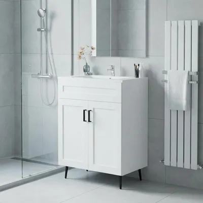 Immagine prodotto di Lavabo con mobile sottolavabo da 60 cm, colore bianco, in Vetroceramica, con ante a chiusura ammortizzata