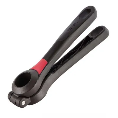 A black and gray garlic press with a red accent on a white background.