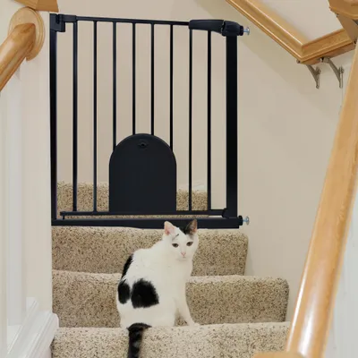 Produktbild von YZNAHRE Treppenschutzgitter mit katzenklappe Ohne Bohren 75-85cm Breiten Treppengitter mit Tür 180° Doppeltür Metall Gitter Hund, Schwarz
