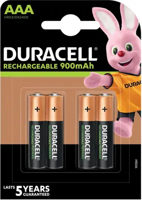 A retail package of Duracell AAA rechargeable batteries, featuring the Duracell bunny mascot.