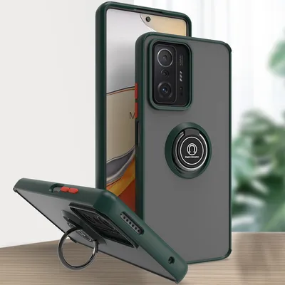Produktbild von Xiaomi 11T Hülle, Ring Halter Ständer Matte Transluzent TPU Rahmen Stoßfest Schutzhülle für Xiaomi 11T / 11T Pro dunkelgrün