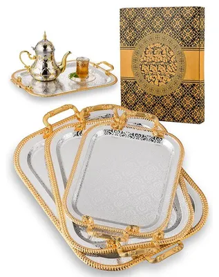 Serviertablett-Set 3-teilig, Metall, Gold, 39–52 cm