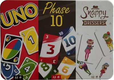 Zdjęcie produktu dla Klasyczne gry karciane w metalowych puszkach: UNO, Phase 10 i Snappy Dressers