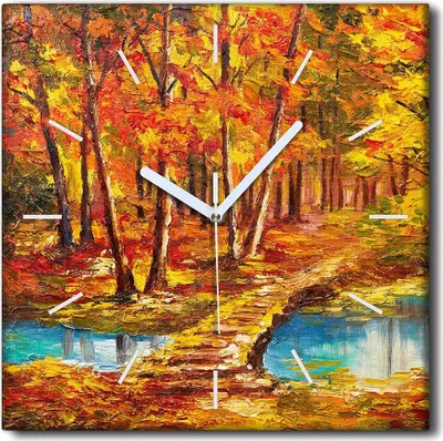 Produktbild von Coloray Uhr auf Leinwand 30x30 cm Wand Uhr Dekoration Wohnzimmer Segeltuch weiße Zeiger -See Herbstbrücke.