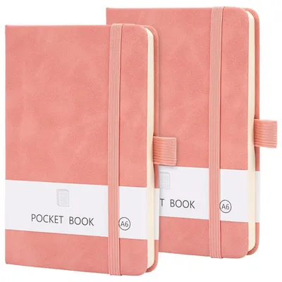 Zdjęcie produktu dla Mini notesy A6, 2 sztuki, różowe, wykonane z materiału przypominającego skórę PU, wymiar 9,5x14,5 cm, z uchwytem na długopis