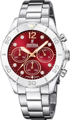A close-up studio shot of a Festina chronograph watch with a red dial and silver band.
