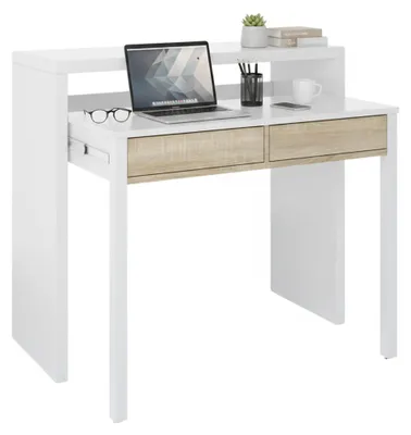 Produktbild von Konsolentisch Billings, Schreibtisch mit ausziehbarer Platte, PC-Schreibtisch mit 2 Schubladen, 99x36h88 cm, Weiß und Eiche