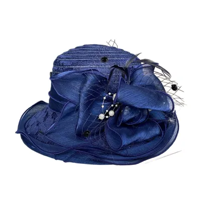 Produktbild von Fischerhut für Damen, Organza-Spitze, Schleife, Kunstperlen, Federdekor, Vintage-Stil, königlicher Stil, flache Oberseite, UV-Schutz, Sonnenschutz, Abschlussball, Party, formelle Anlässe, Einheitsgröße, Marineblau