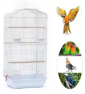Image de Cage pour oiseaux - Cage pour perroquets - 46 x 36 x 92 cm - Acier inoxydable - Plusieurs perchoirs - Gamelles - Portable - Blanche