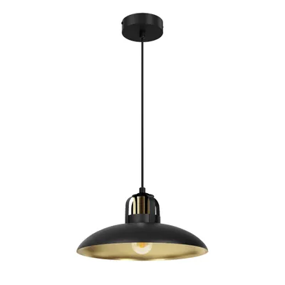A black and gold pendant light fixture against a white background.