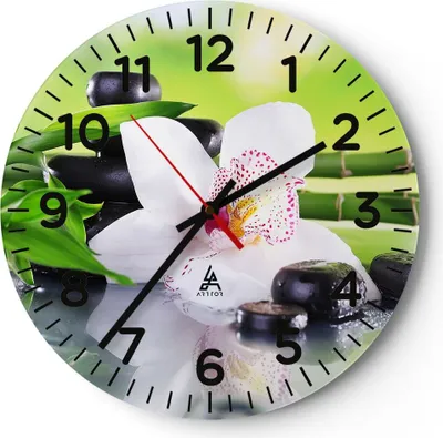 Produktbild von Wanduhr - Rund - Glasuhr - blume orchidee - 30x30cm - Schleichendes Uhrwerk - Lautlos - zum Aufhängen bereit - Dekoration Modern - Wanddekoration aus Glas - C4AR30x30-3659