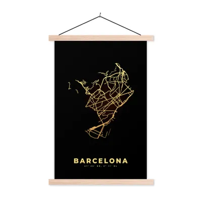 Produktbild von MuchoWow® Textilposter Stadtplan - Spanien - Schwarz - Gold 60x90 cm mit holzfarbenen Rahmen - Textil