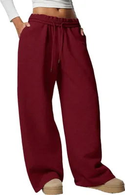 Image de ASKSA Femme Jogging Long Doublure Polaire Chaud Doublé Baggy Jambe Large Pantalon Polaire Cordon Serrage Pantalon de Sport avec Poches (Rouge,S)