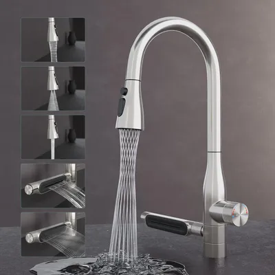 Produktbild von Mai & Mai Wasserhahn Küche mit Wasserfallstrahl, Spültischarmatur Küchenarmatur, Mischbatterie mit Einhebelmischer, Küchenwasserhahn Silber Turnix-03